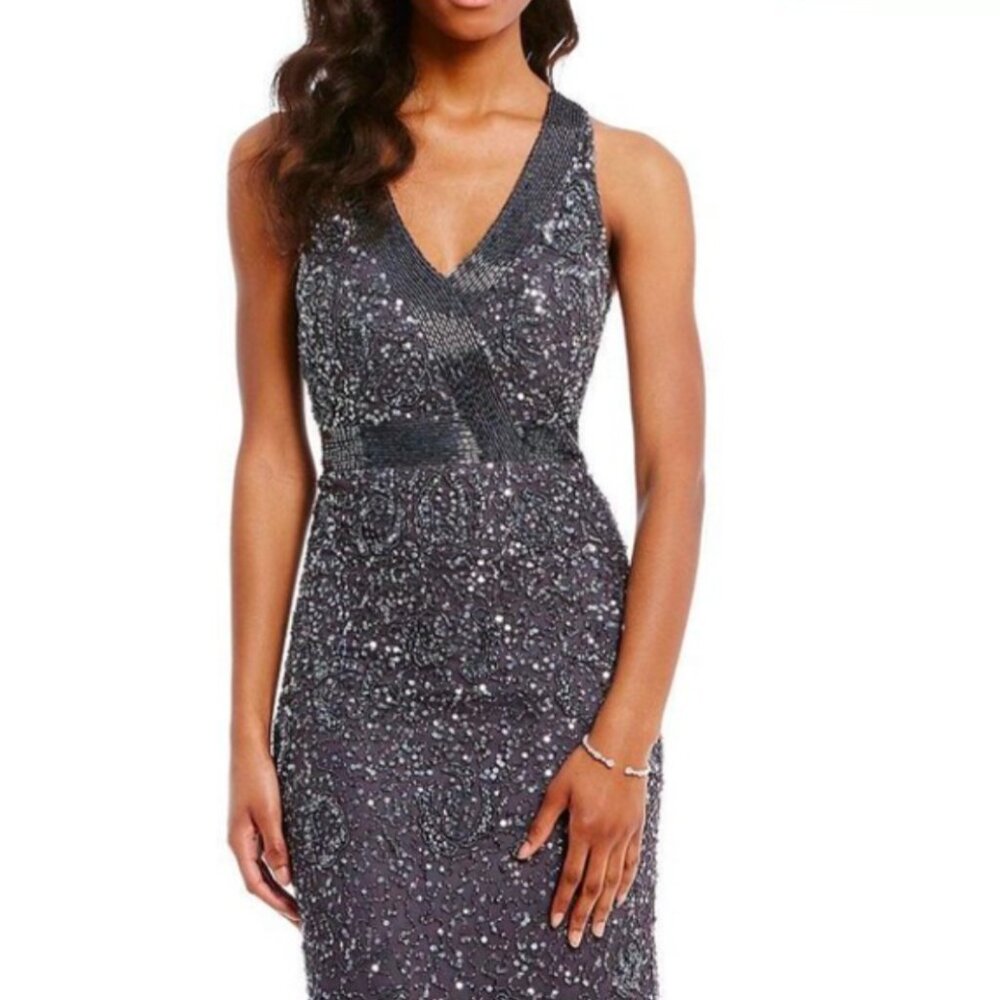 Adrianna Papell Gray Maxi Sequin Evening Gown